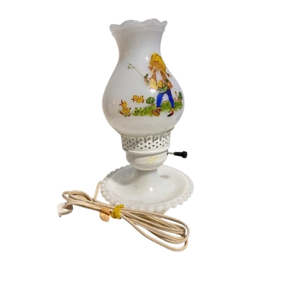 Vintage Hurricane Milk Glass Nursery Rhyme Lamp